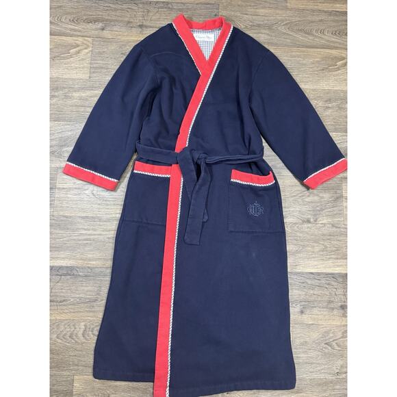 Vintage CHRISTIAN DIOR Blue Red Fleece Bath Robe Lounging Tie Belt Mens L - Picture 1 of 14